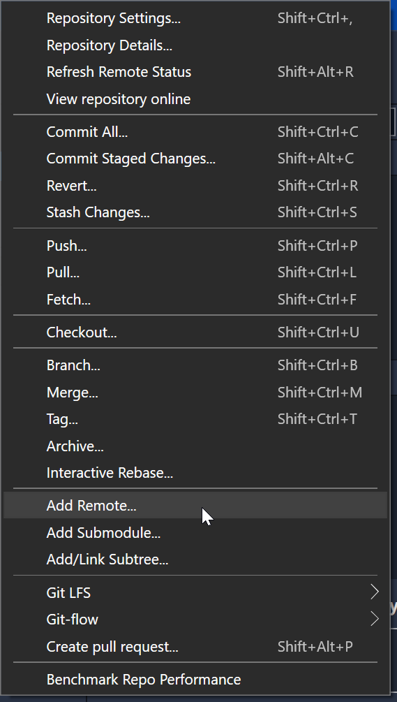 Finding the add remote button in Sourcetree app.
