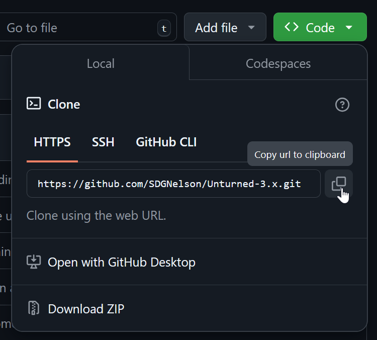 Clone repository dropdown in GitHub's web GUI.